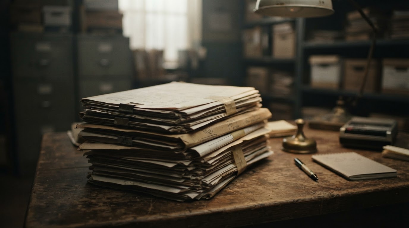 A stack of old case-file documents lying on a desk, the writing deliberately blurred so nothing is legible (no readable text)