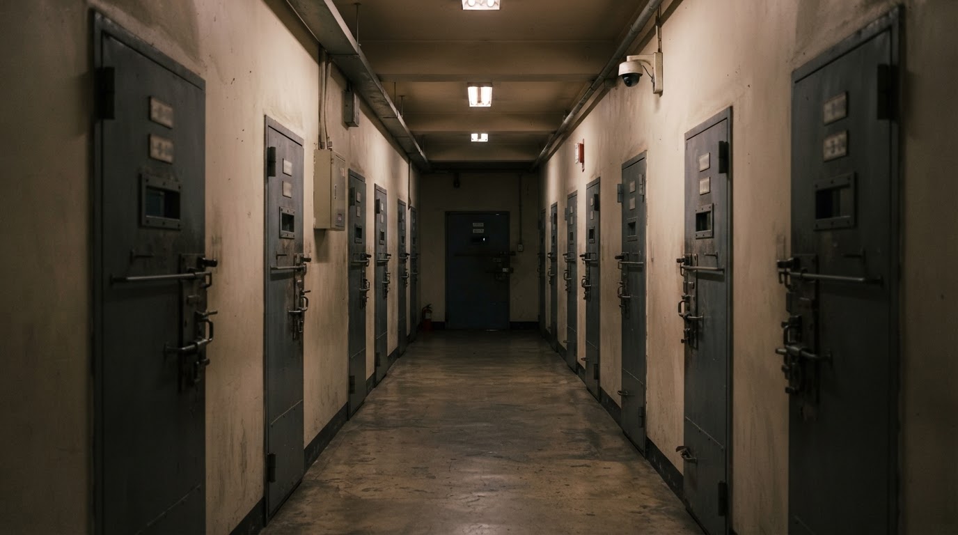 A narrow, dim corridor leading to holding cells, a row of cold steel doors lining the passage