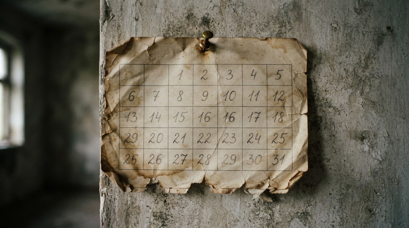 An old worn calendar marking the passage of time, its numbers and words deliberately blurred and illegible (no readable text)