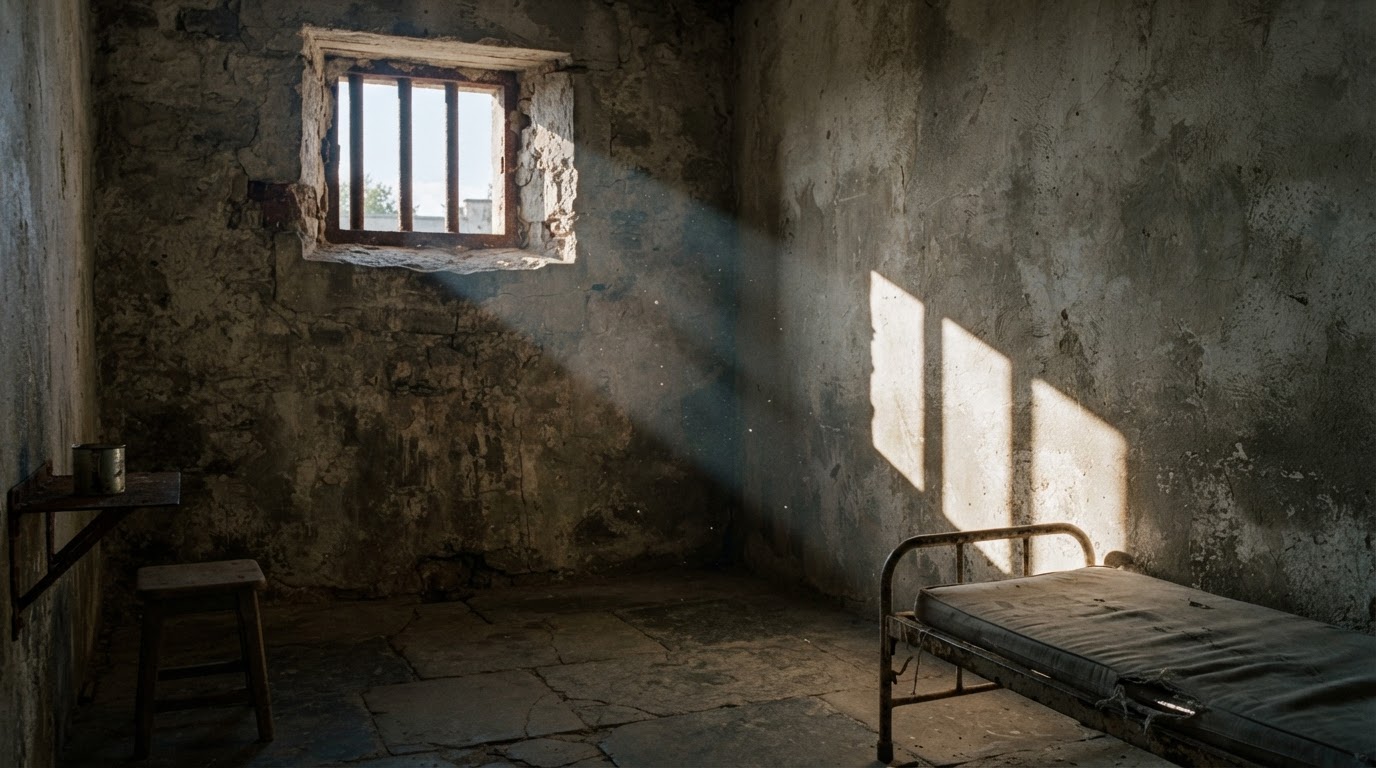 A single beam of light seeping through a barred window, the long shadow of the bars cast on a wall — a still image symbolizing long imprisonment