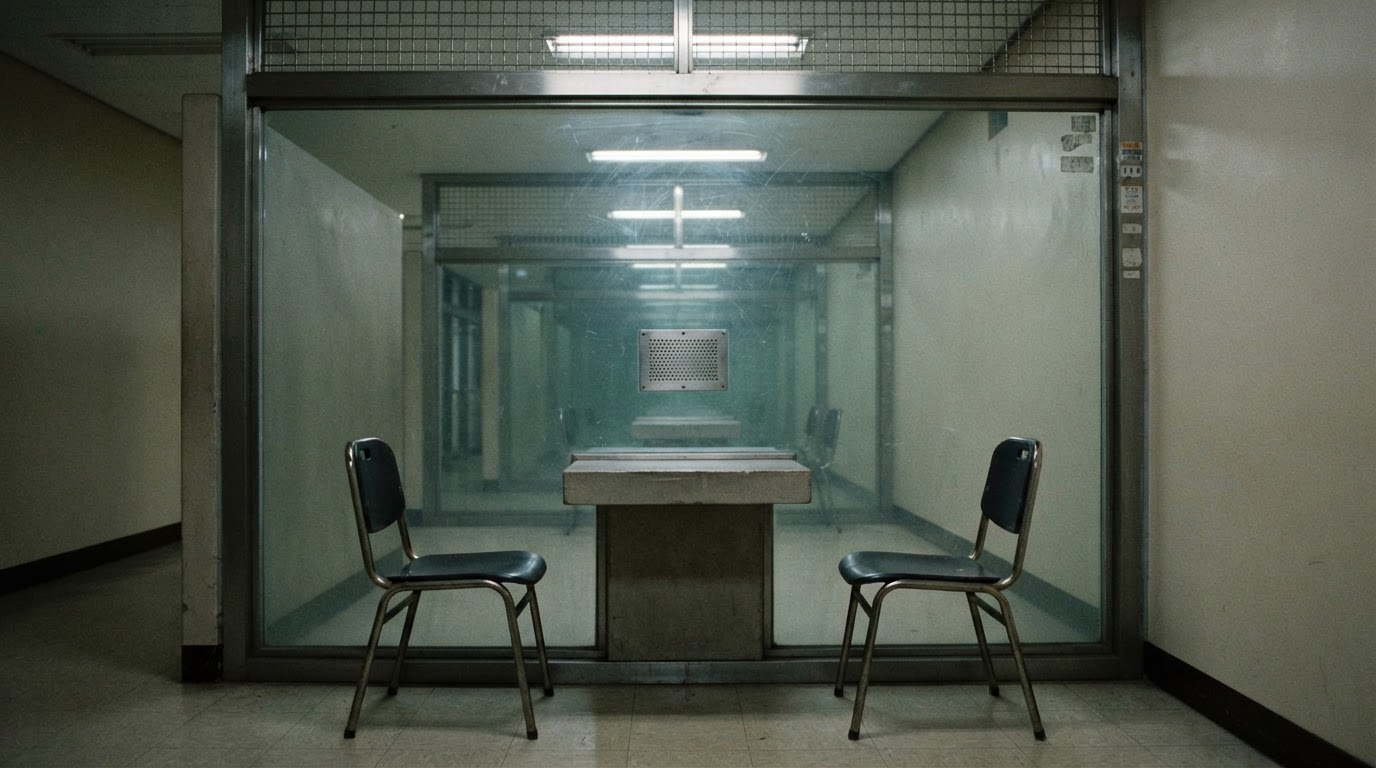 The thick glass partition of a prison visiting room, the two facing seats standing empty