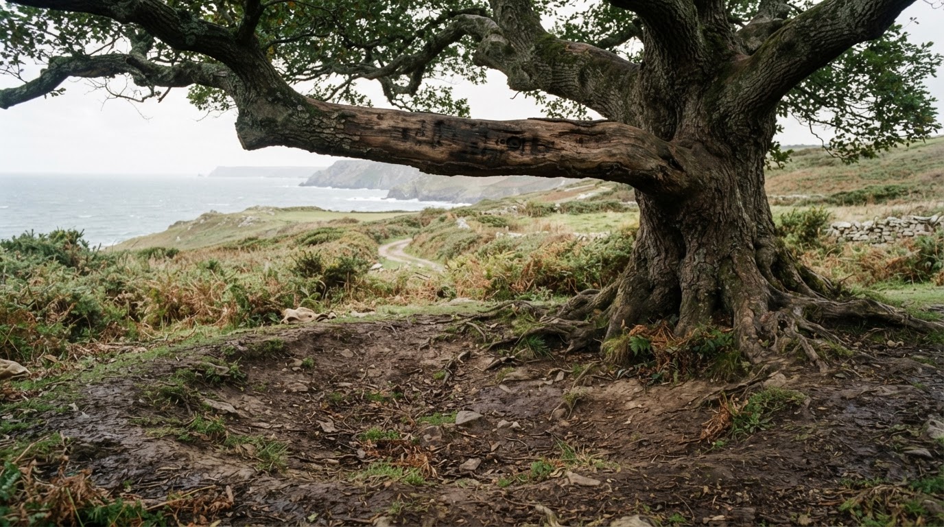 A circular depression sunk into the ground beneath an old oak, a branch bearing traces of a pulley, an 18th-century rural landscape