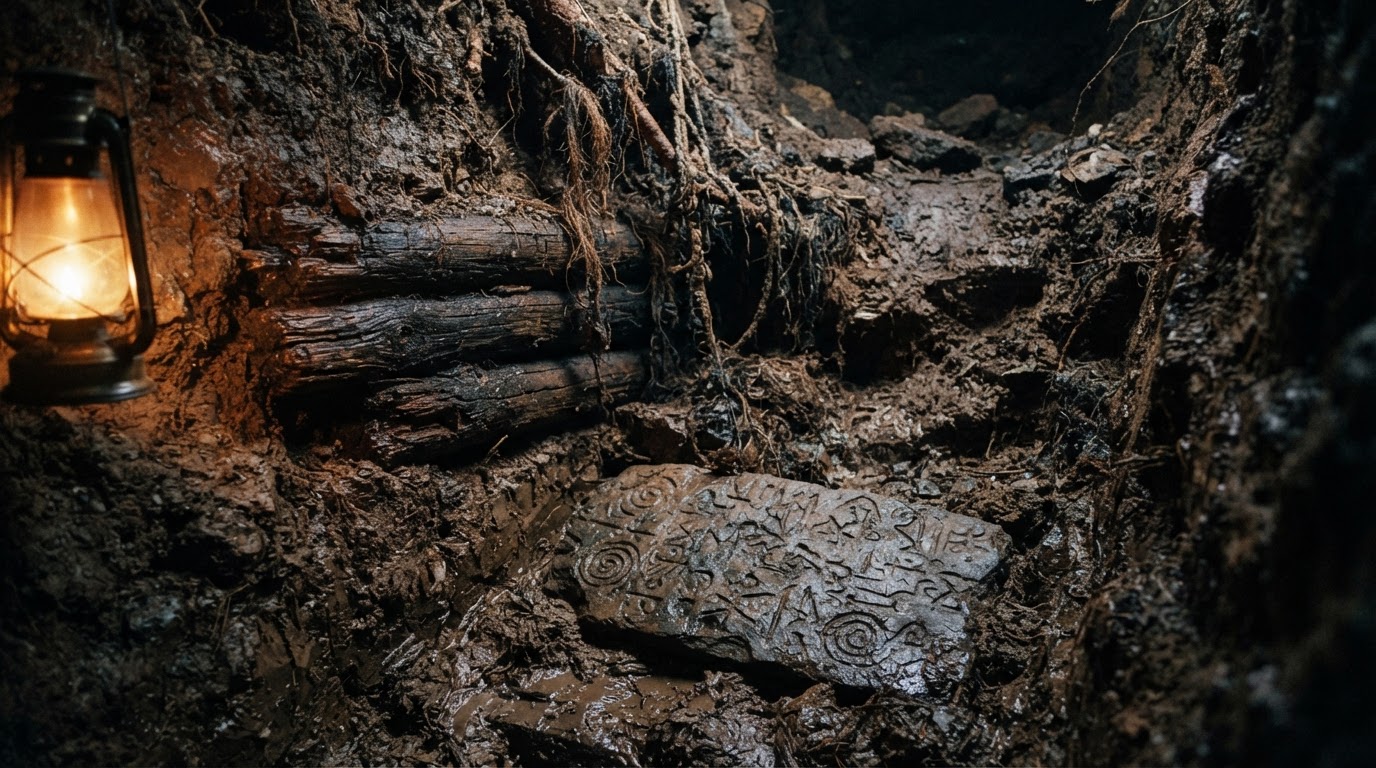 An old log platform exposed in the wall of a deep earthen pit, coconut fiber, a flat stone half-buried in soil carved with unreadable symbols, no legible text, no identifiable person
