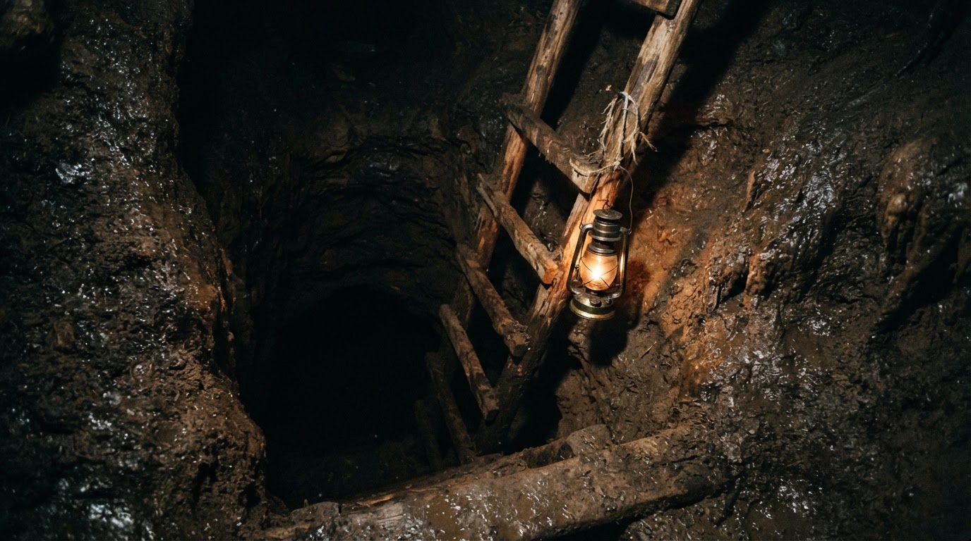 A wooden ladder descending toward the dark bottom of a deep pit, a swaying lantern, mysterious shadows, a hint of treasure, no legible text, no identifiable person