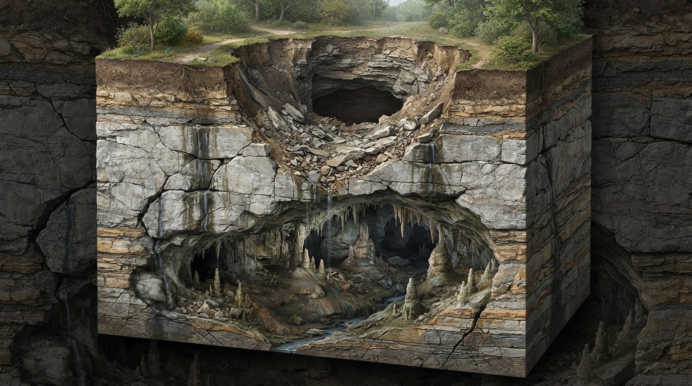A cross-section-like natural geology of an underground limestone cave with collapsed soil above it, water seeping into the subsurface, gray tones, no legible text, no identifiable person