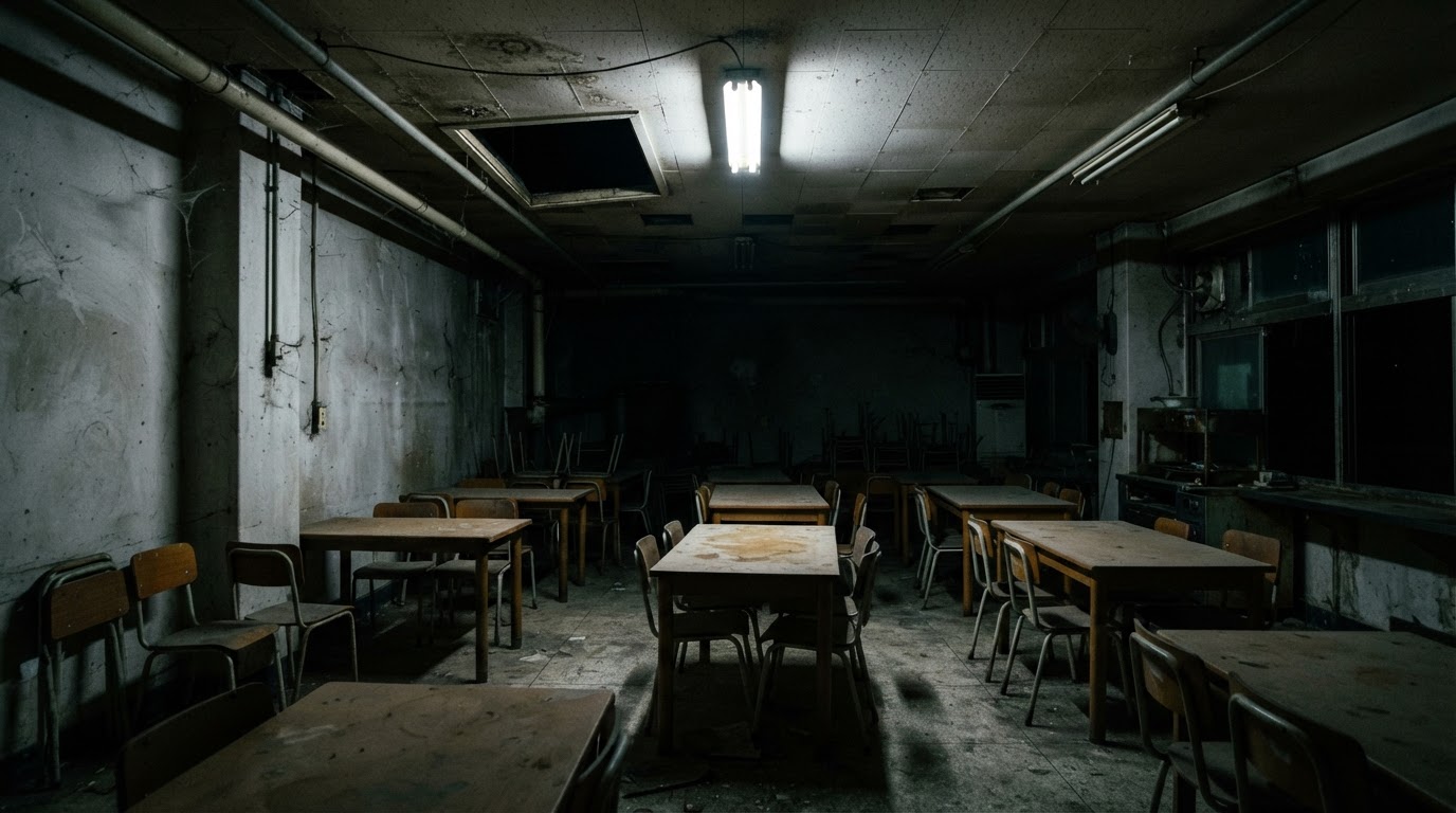 The old factory's outer wall sunk in darkness — no one alive now knows the answer to that night.