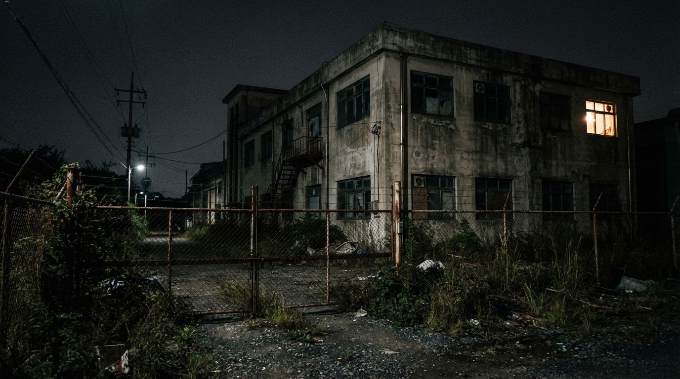 An old factory cafeteria — the dark space in the ceiling was the scene that day.