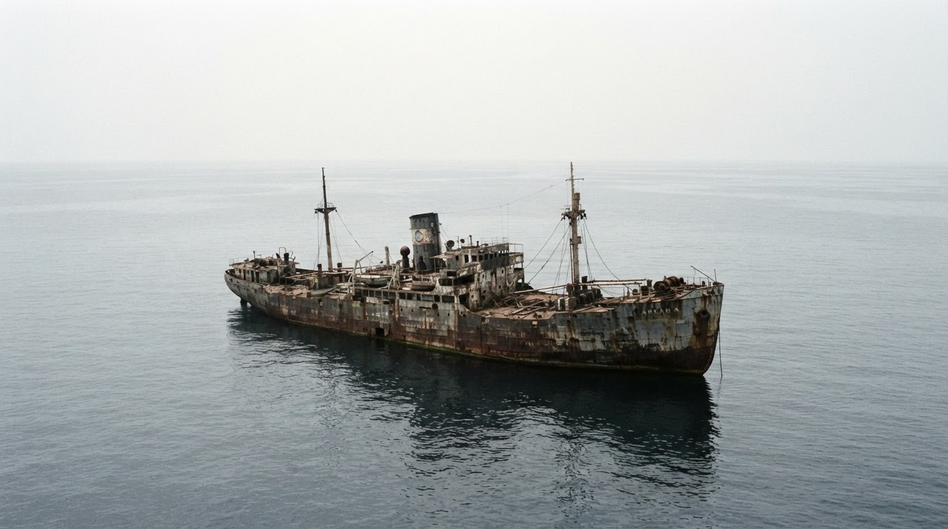 A rusted 1940s cargo steamer sitting motionless and alone on a flat, hazy tropical sea under a colorless sky