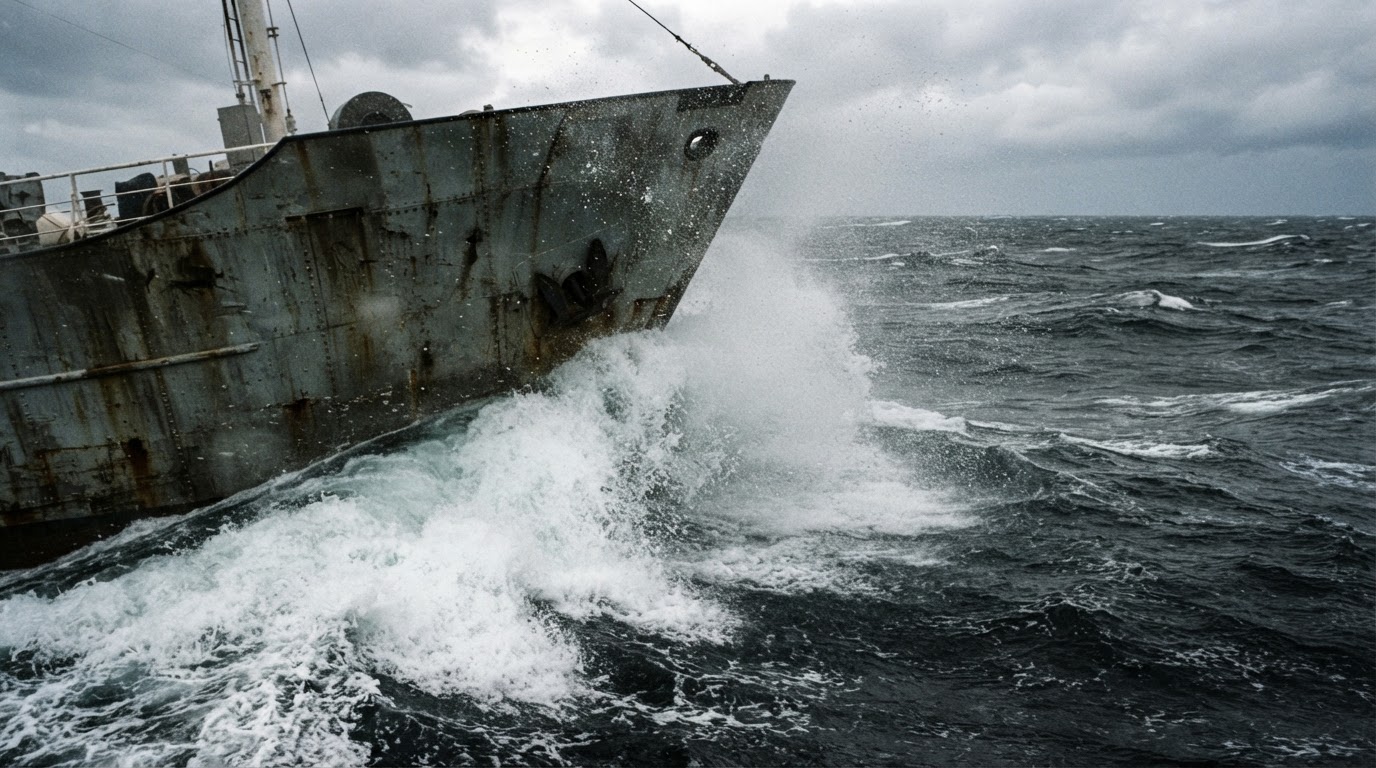 The bow of a ship at speed, a plunging white wave breaking away from the hull, spray hanging in the air