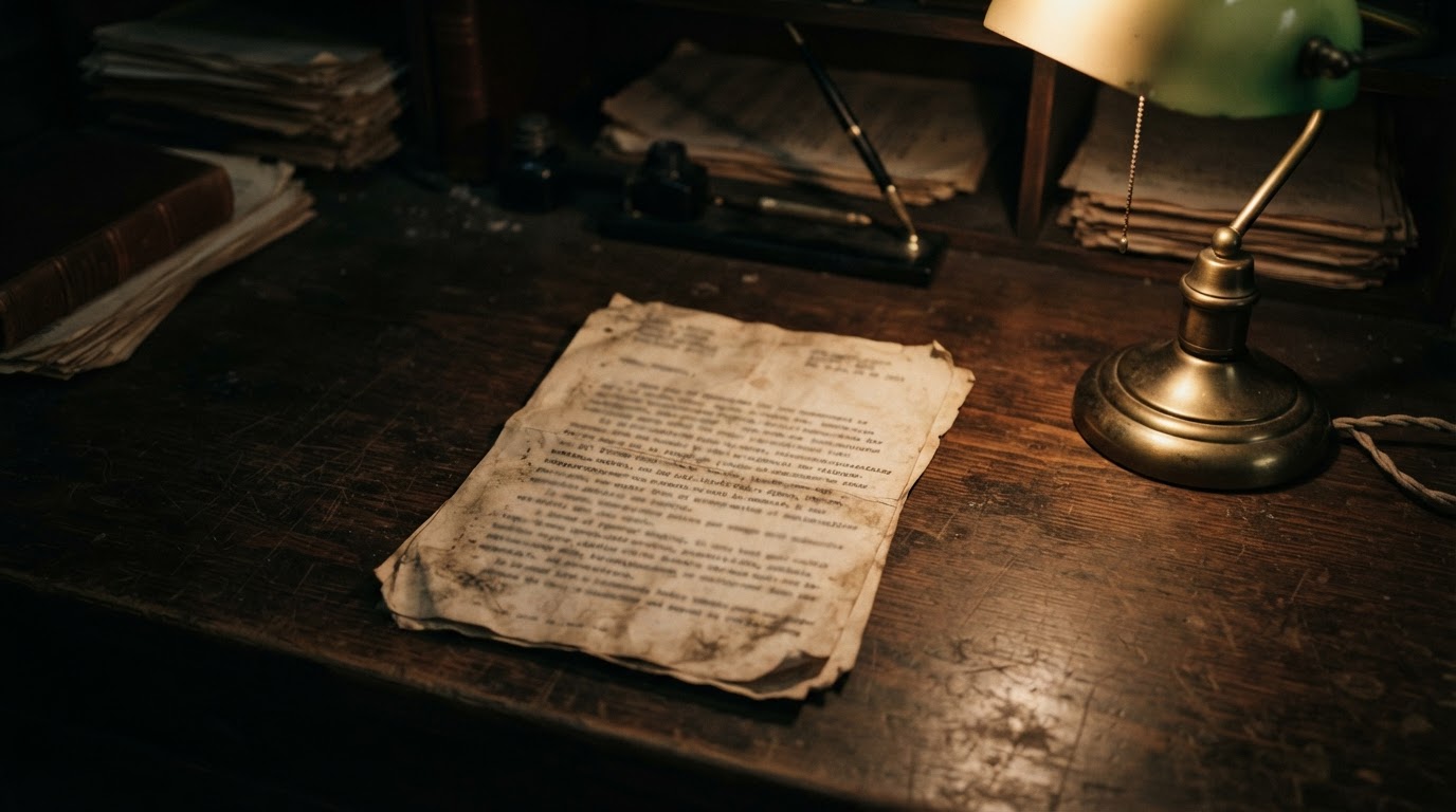 An old typewritten report page lying on a desk, the text blurred and unreadable, a lamp burning beside it