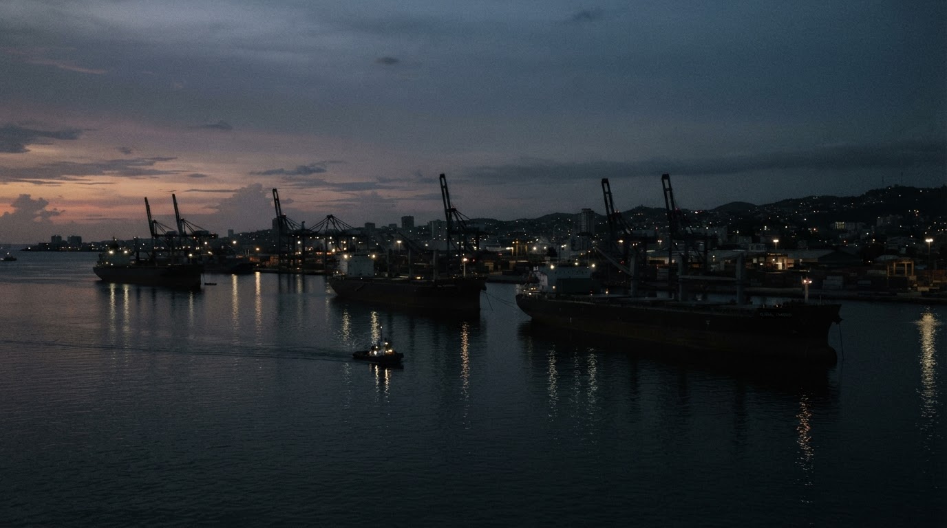 A tropical harbor at dusk, dark freighters lying at anchor, lights beginning to prick the failing sky