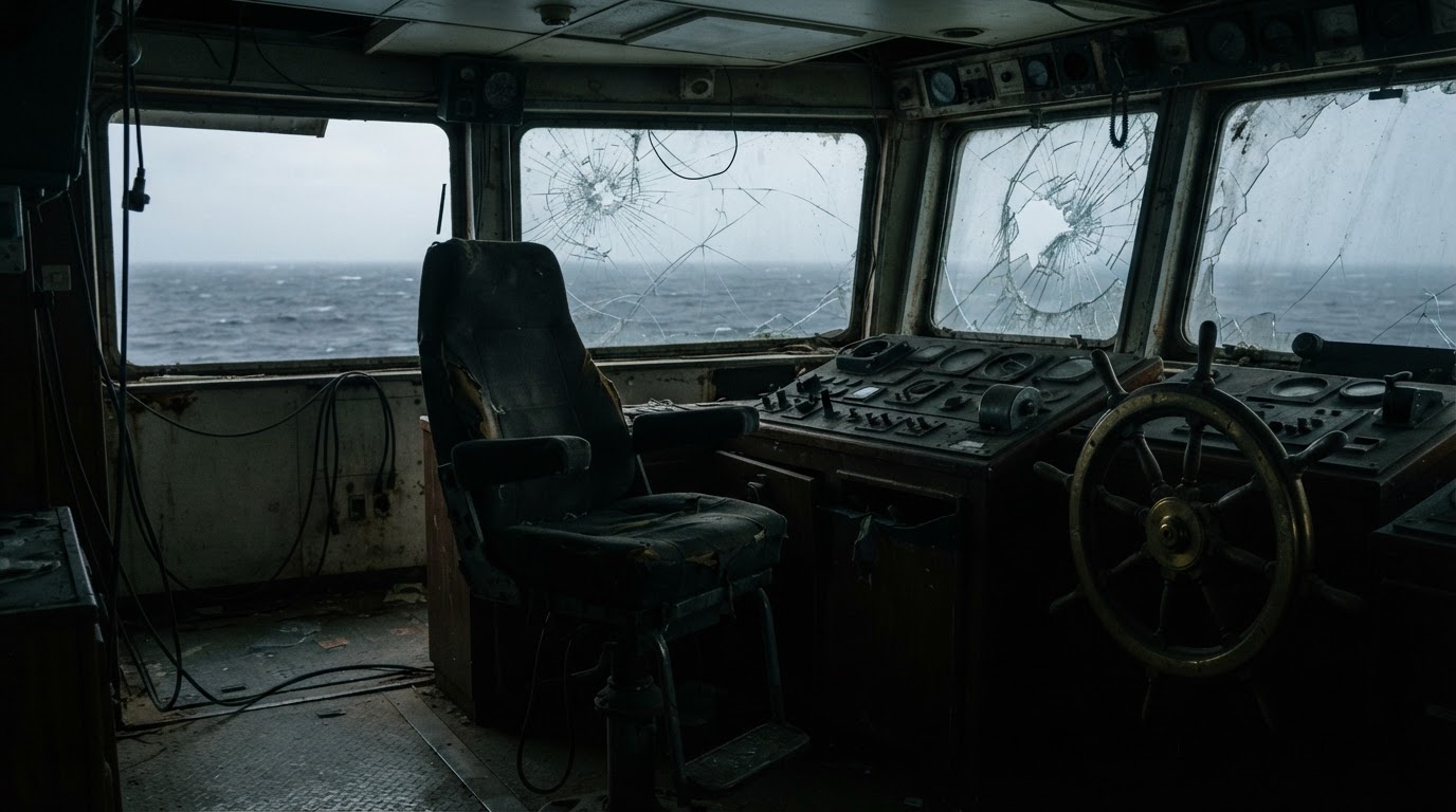 An empty captain's chair on a ship's bridge, the forward windows cracked, grey daylight coming through