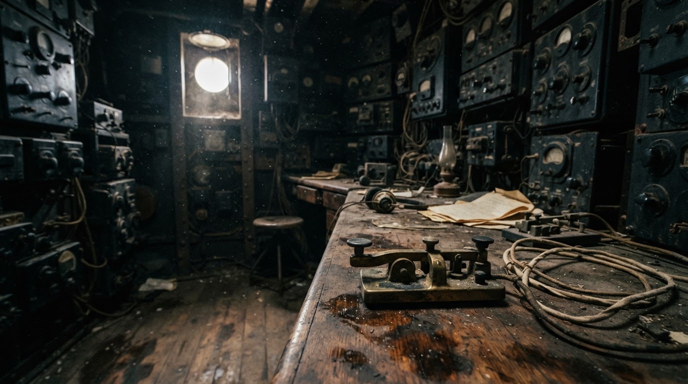 An old ship's radio room in dim light, a brass telegraph key resting on a worn desk, the dials dark
