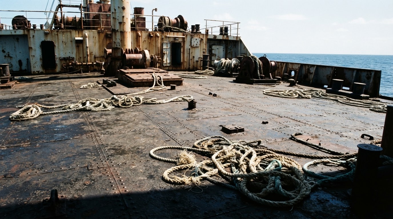 An empty ship's deck at harsh noon, coils of rope scattered across weathered planking, no one aboard