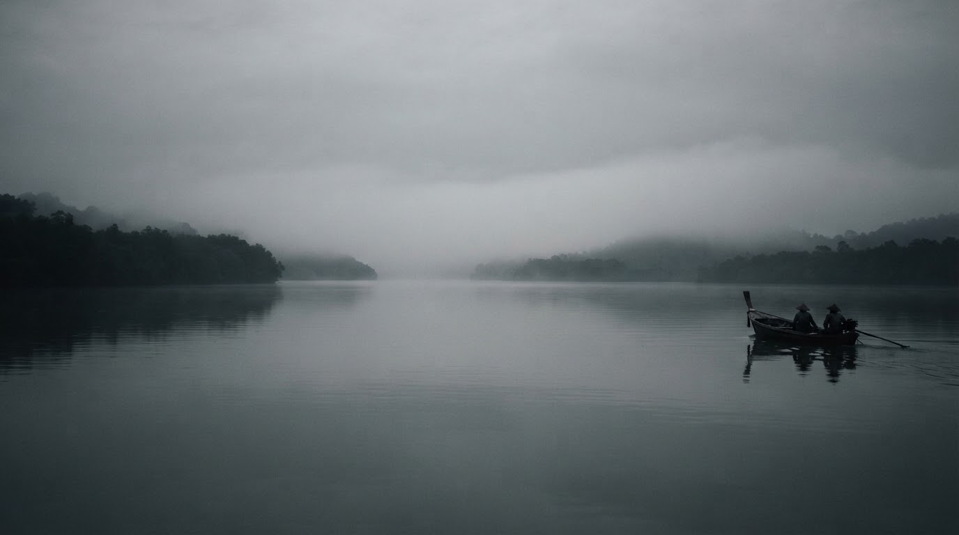 A low bank of fog drifting across a flat tropical strait, the water pale and glassy beneath it