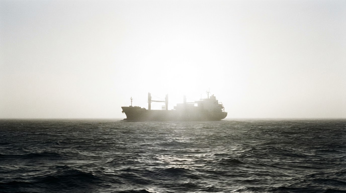 A ship's silhouette dissolving into a blinding wall of sun haze on the horizon, its outline barely readable