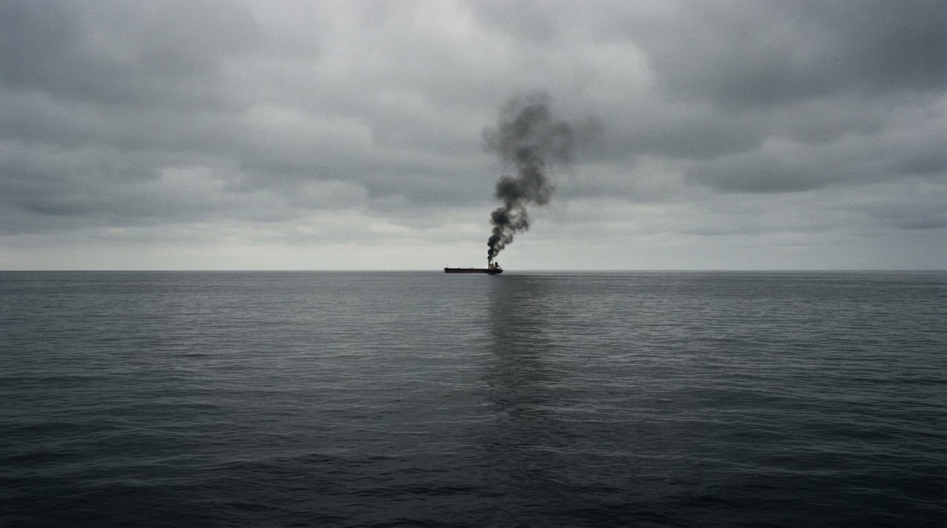 A column of dark smoke rising from a distant vessel far out on a calm sea