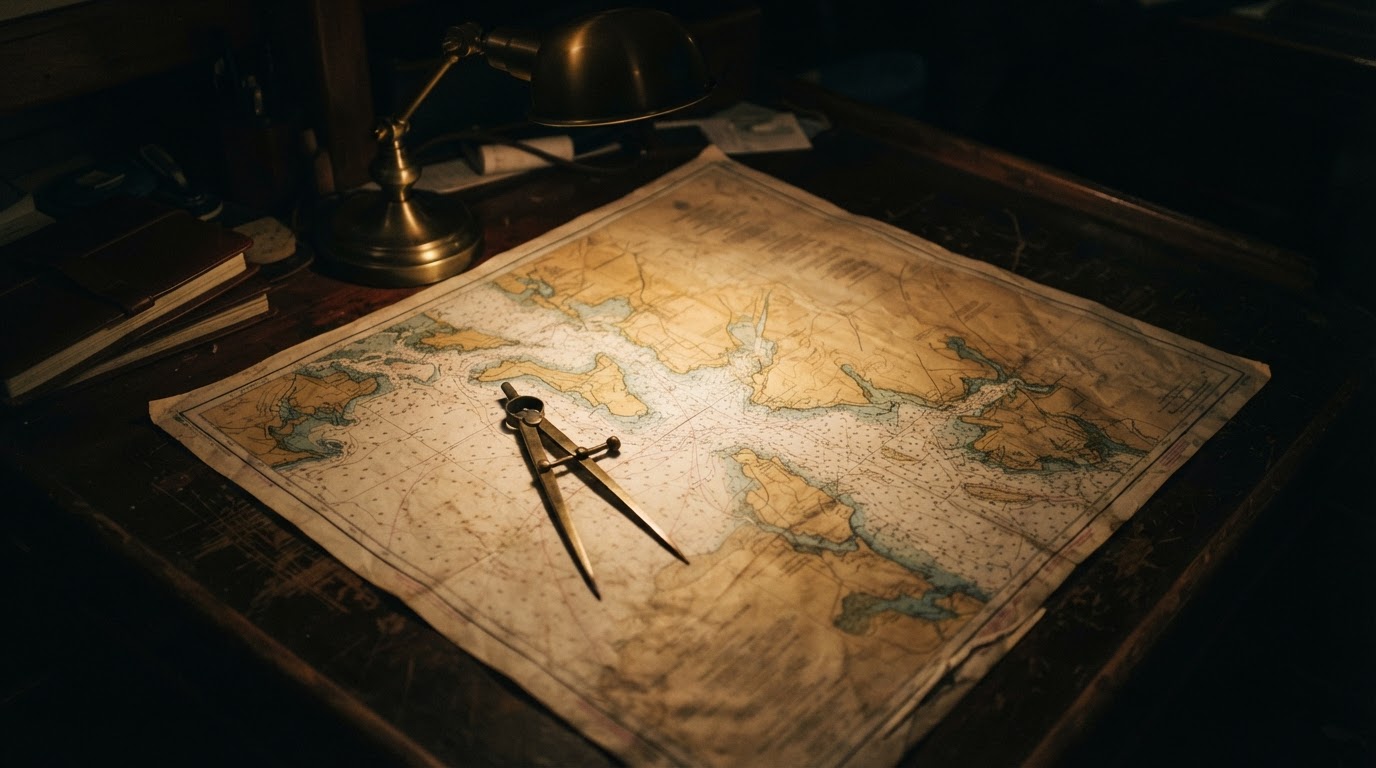 An old paper nautical chart of a narrow strait spread under a desk lamp, its markings soft and unreadable in the low light