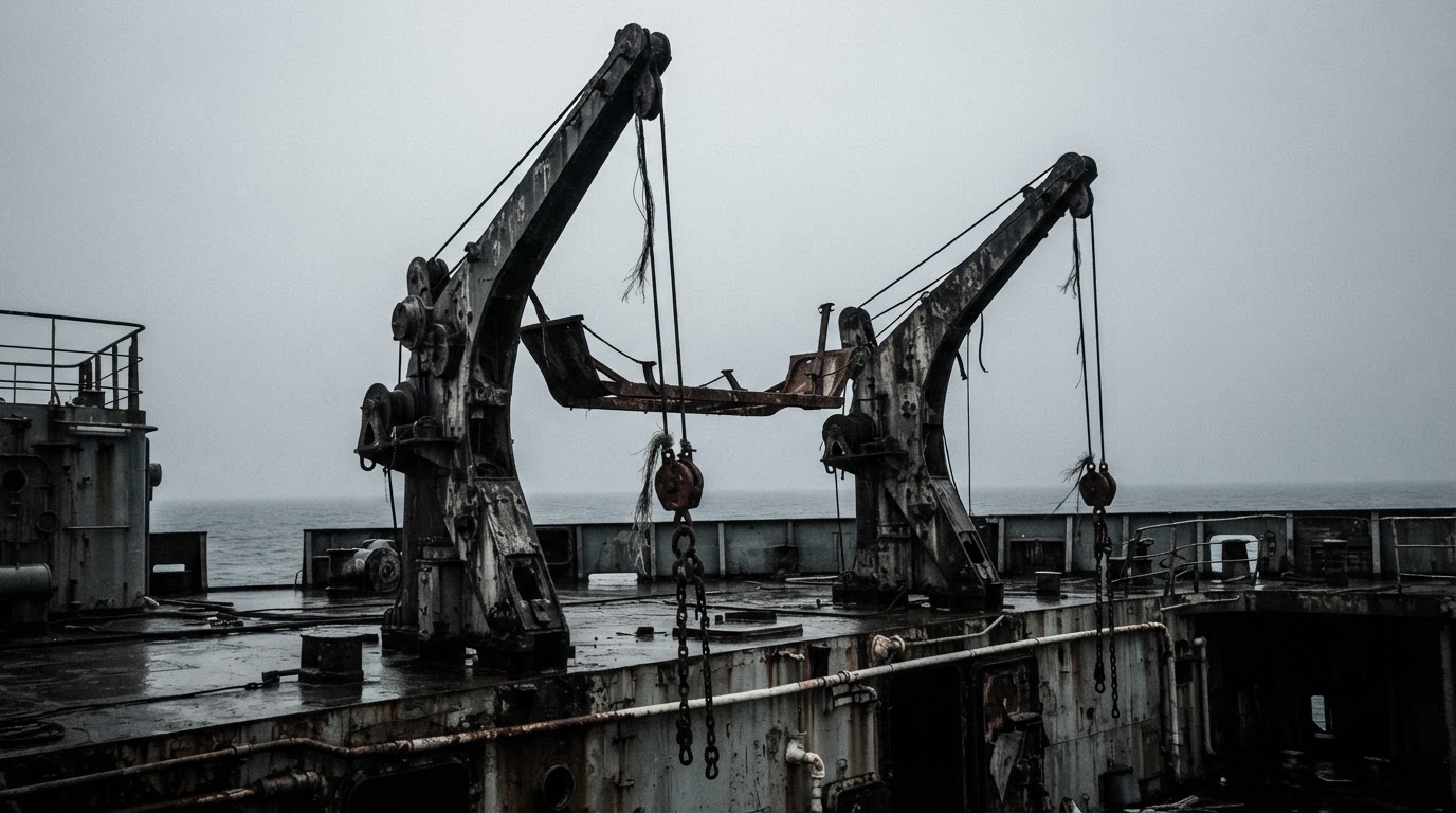 Empty lifeboat davits standing against a flat grey sky, the boats they once held long gone