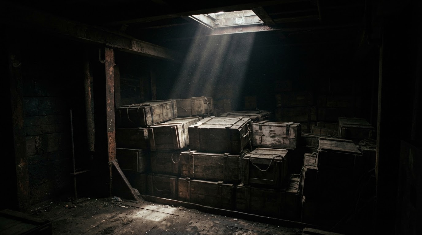 A dark cargo hold below deck, sealed unmarked wooden crates stacked in the gloom