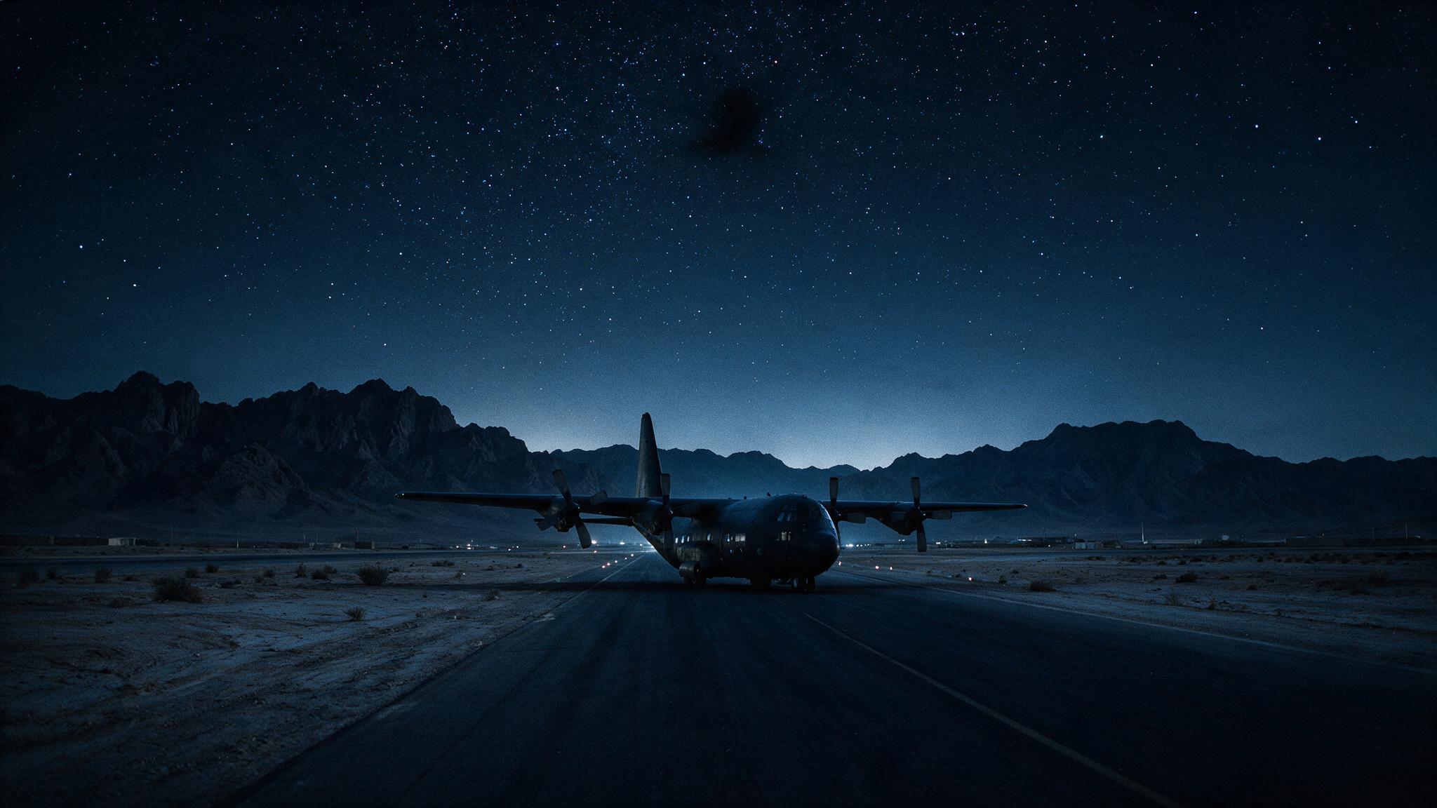 A transport aircraft on a desert airbase runway before dawn, the star field above broken by a faint dark shape. (AI-generated atmospheric reconstruction)
