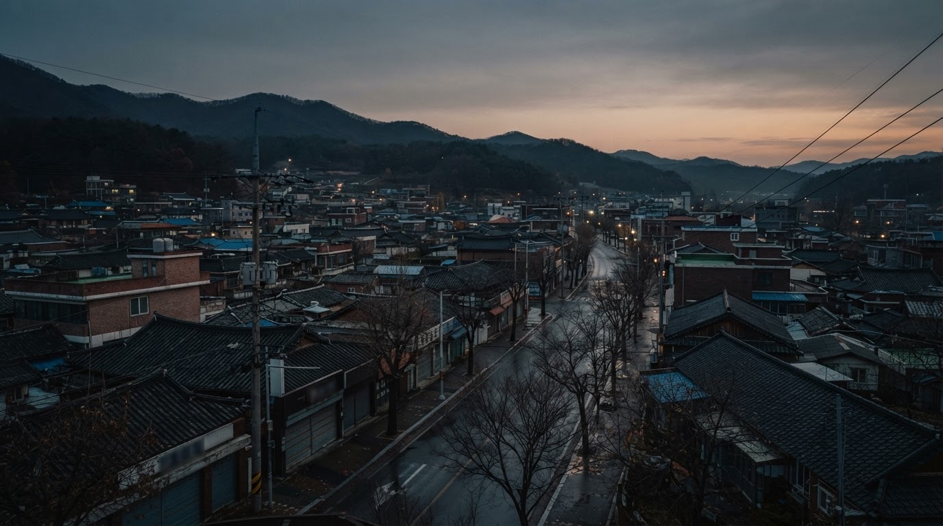 A late-autumn small town in northern Gyeonggi at dusk, seen from a distance — the evening of 2003 would have looked much like this.