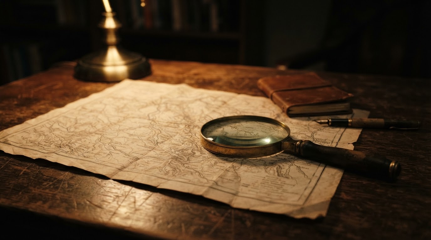 A map and a magnifying glass resting on a desk, no place names legible