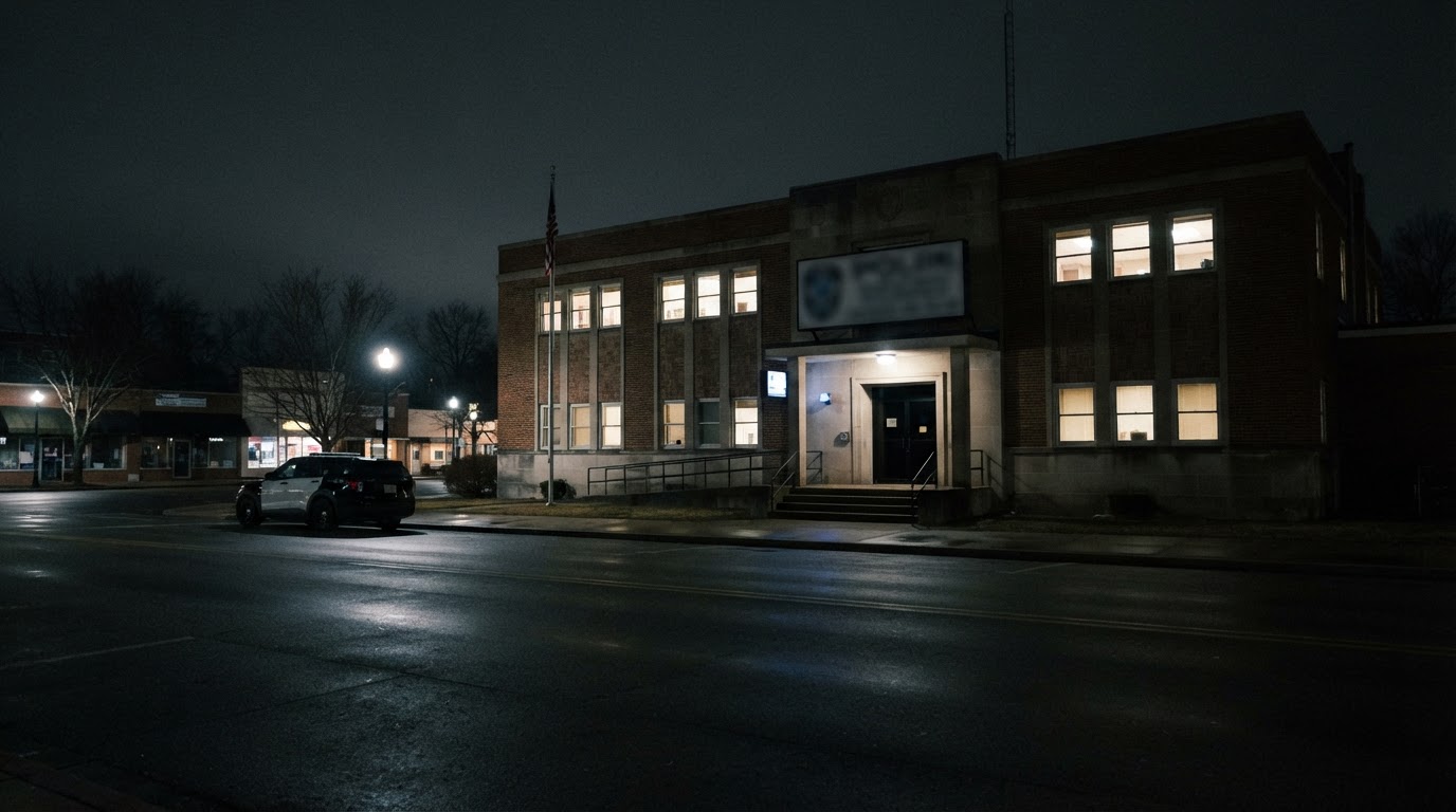 A police station at night, seen from a distance, the sign above the door not legible