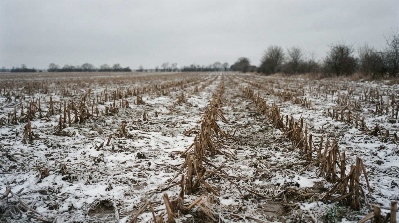 A winter field under a few scattered patches of snow, the sky overcast