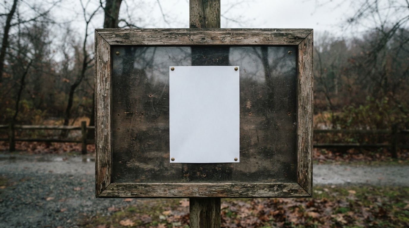 A bulletin board with a sheet of blank paper pinned to it, nothing written on it