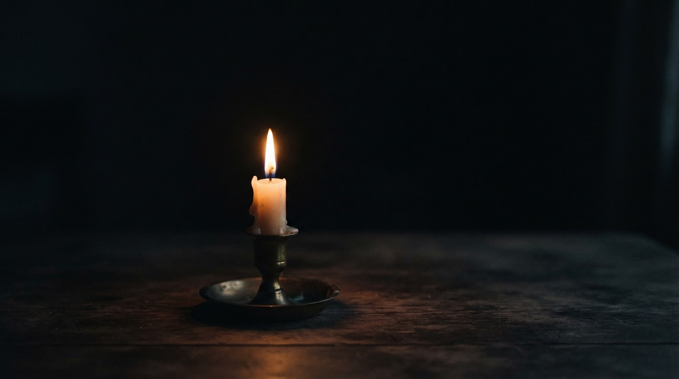 A single candle burning quietly in the dark