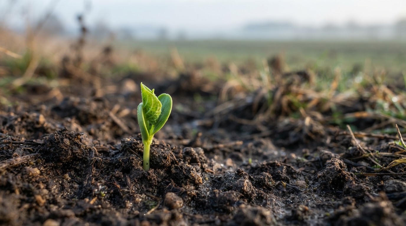 A field where spring is arriving, a tender green shoot pushing up through the soil