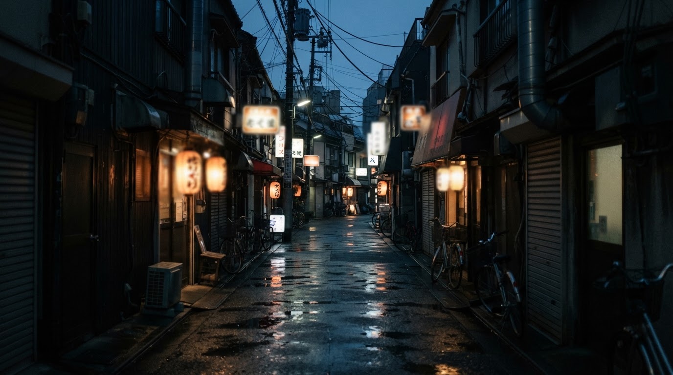 The evening glow of a small cram-school district alley, signboard lights blurred and soft