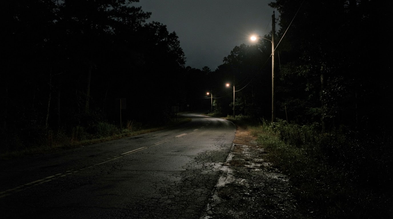 The darkness of a rural road with sparse streetlights — the lane that night would have held a darkness like this.