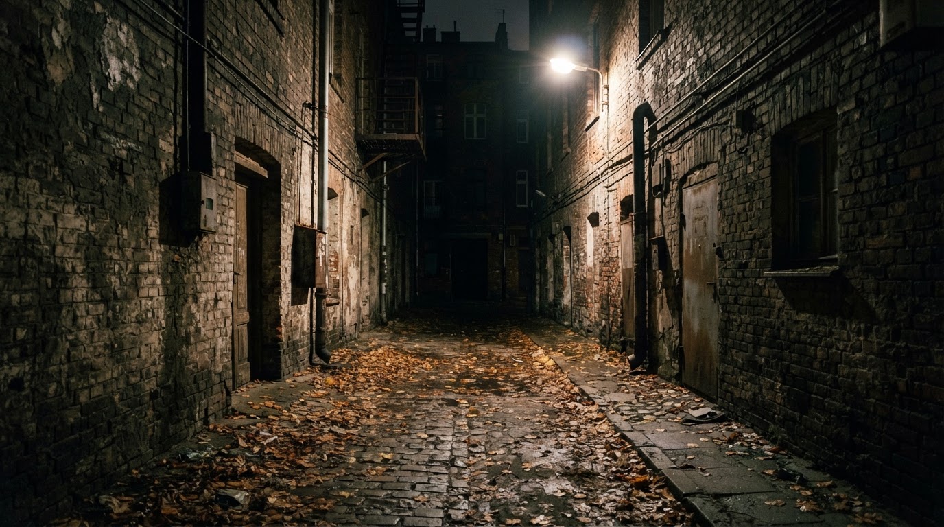 A narrow alley strewn with fallen leaves, quiet and empty of people