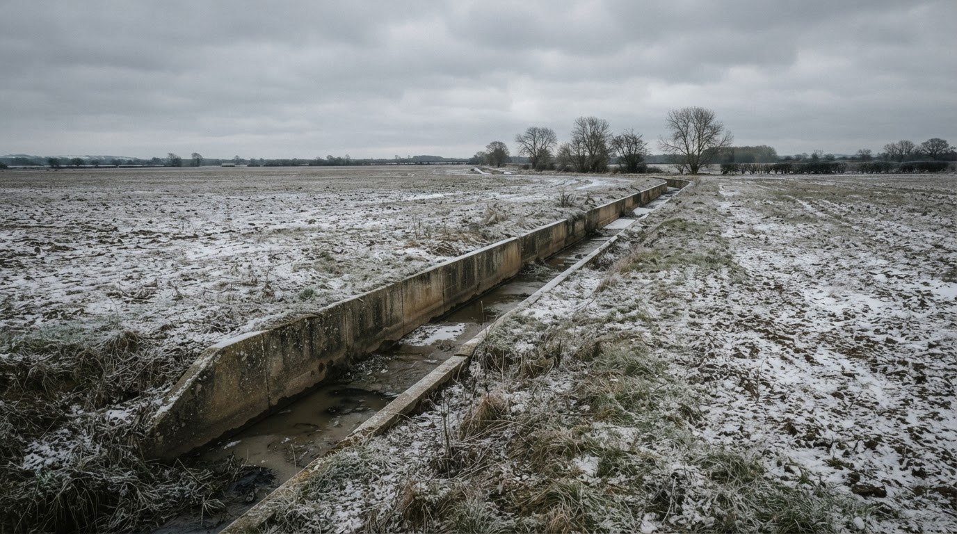 A distant view of an ordinary waterway crossing a winter field, dusted with snow