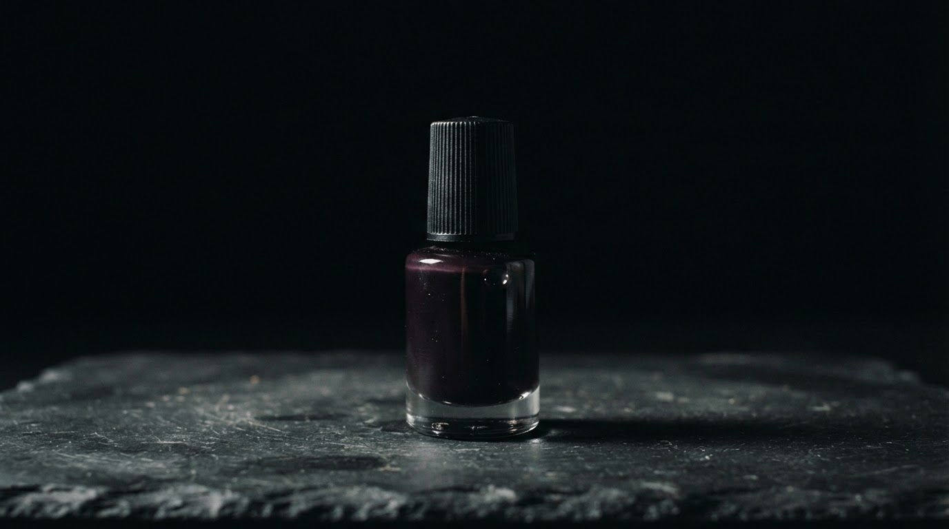 A single bottle of nail polish, unlabeled, still against a dark background