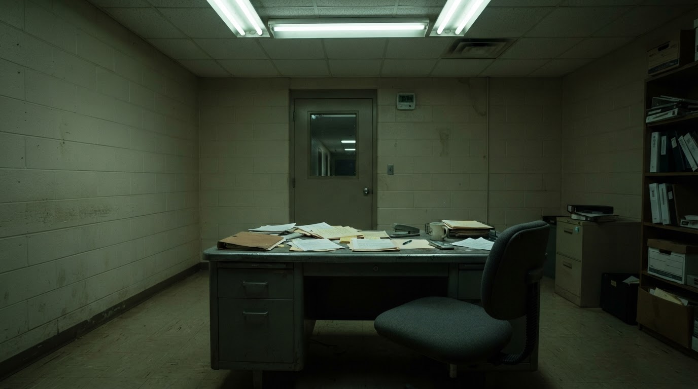 An empty office lit by fluorescent tubes, papers scattered across a desk, the feel of an investigation room