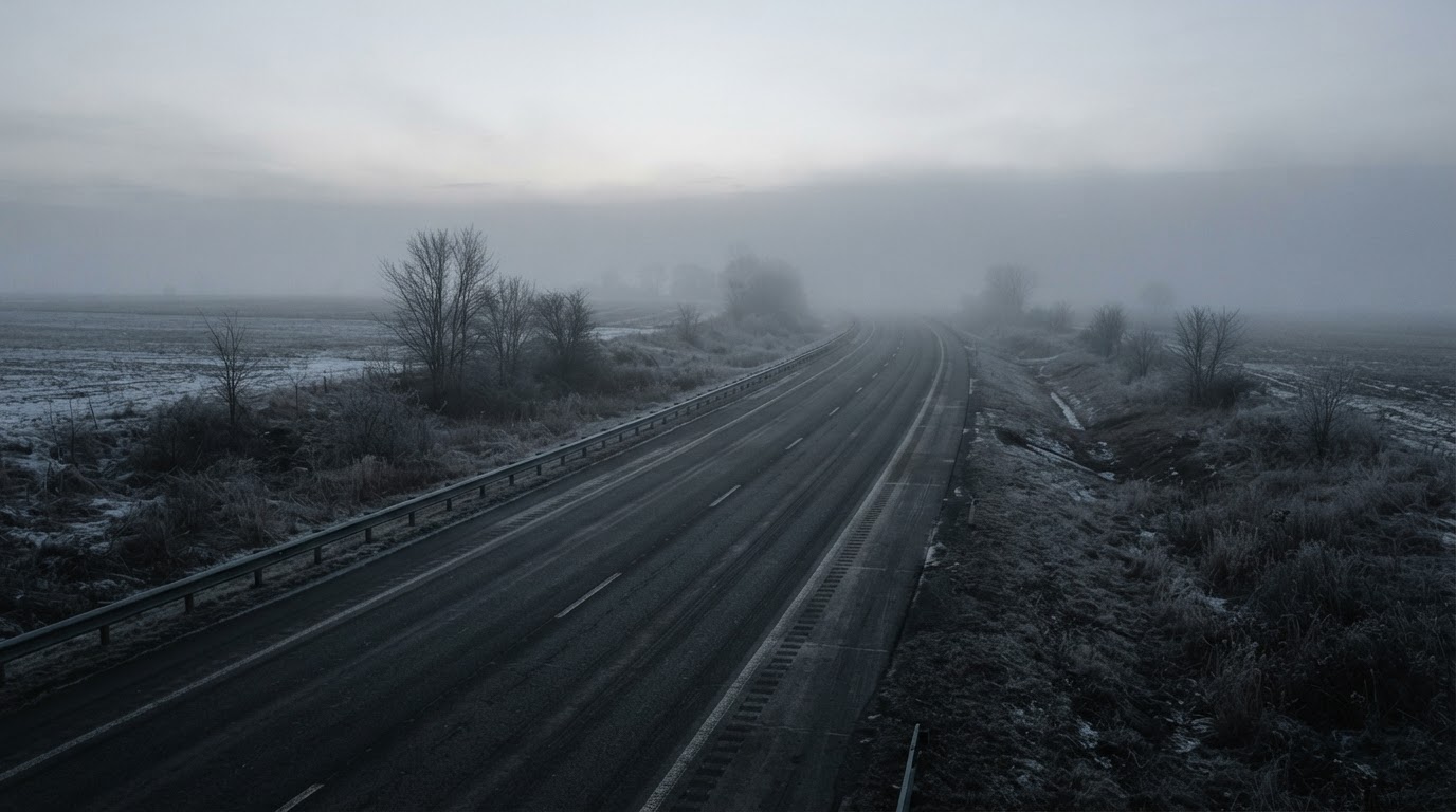A national highway at winter dawn, low fog lying across it, seen from a distance