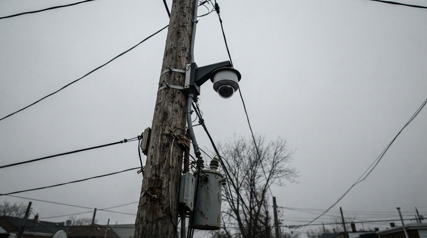 A utility pole fitted with a CCTV camera, no logo visible, against an overcast sky