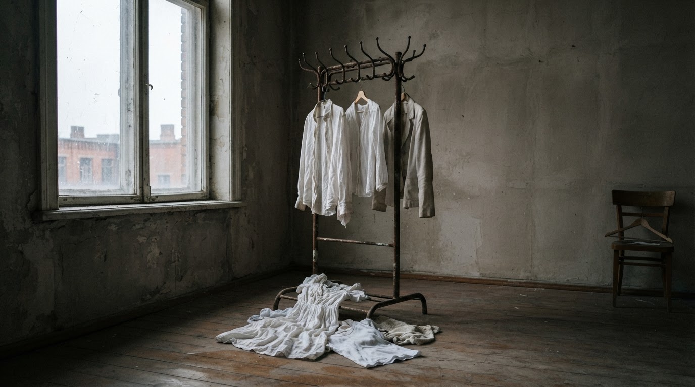 A few scattered white garments hanging on a worn coat rack in an empty room, dim light entering