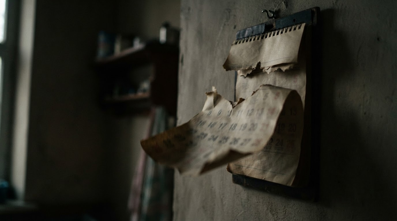A still life of a single page tearing away from an old wall calendar, the date numerals blurred