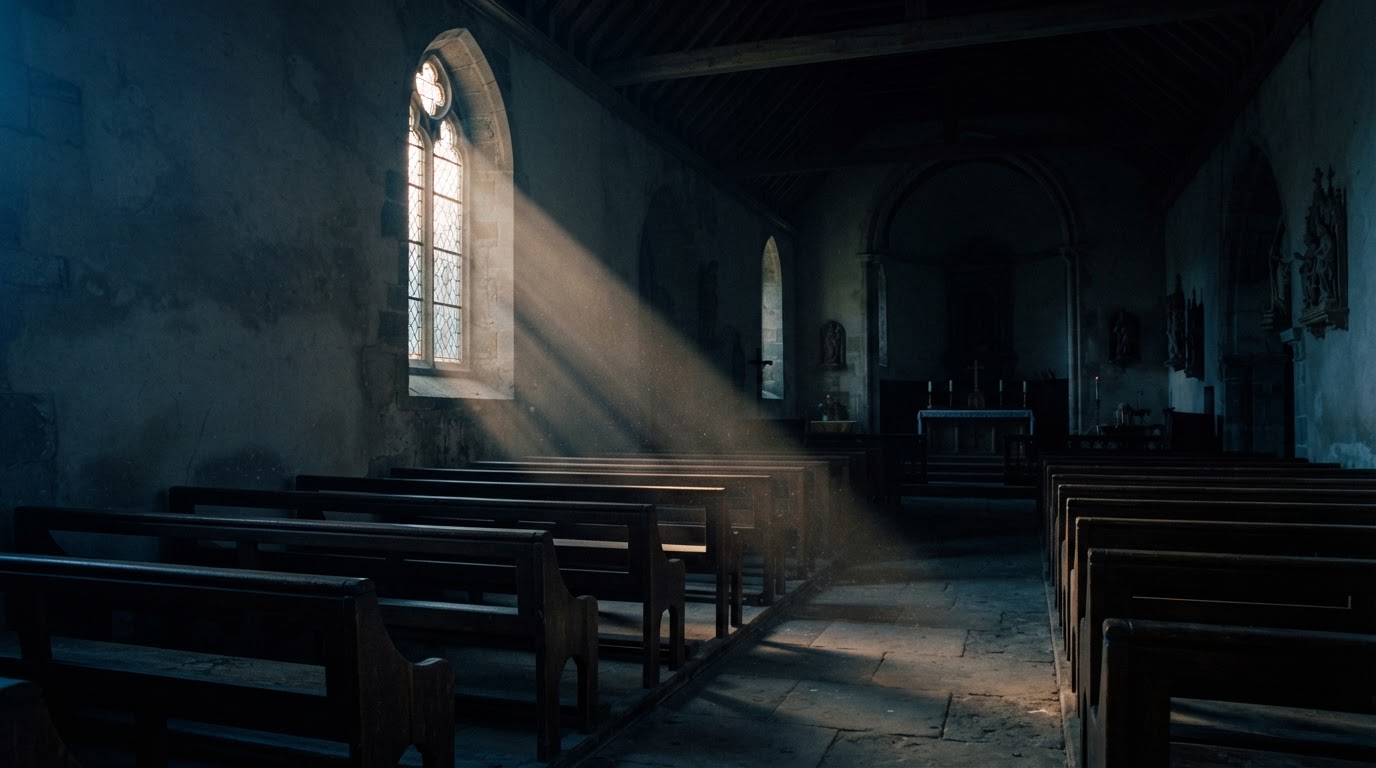 The first light of dawn seeping through a window over the empty pews of a dark chapel