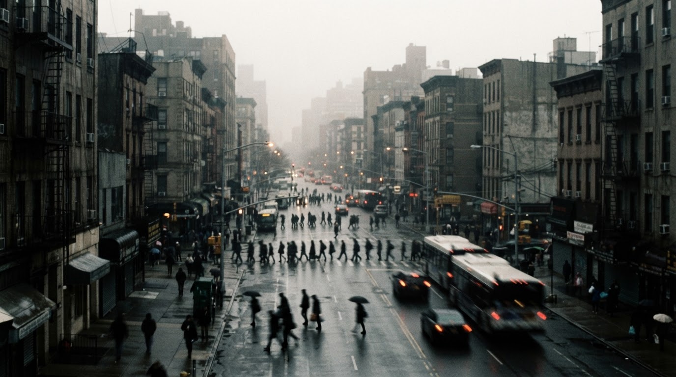A distant view of an ordinary morning commute in the city, only far-off silhouettes of people blurring into the light