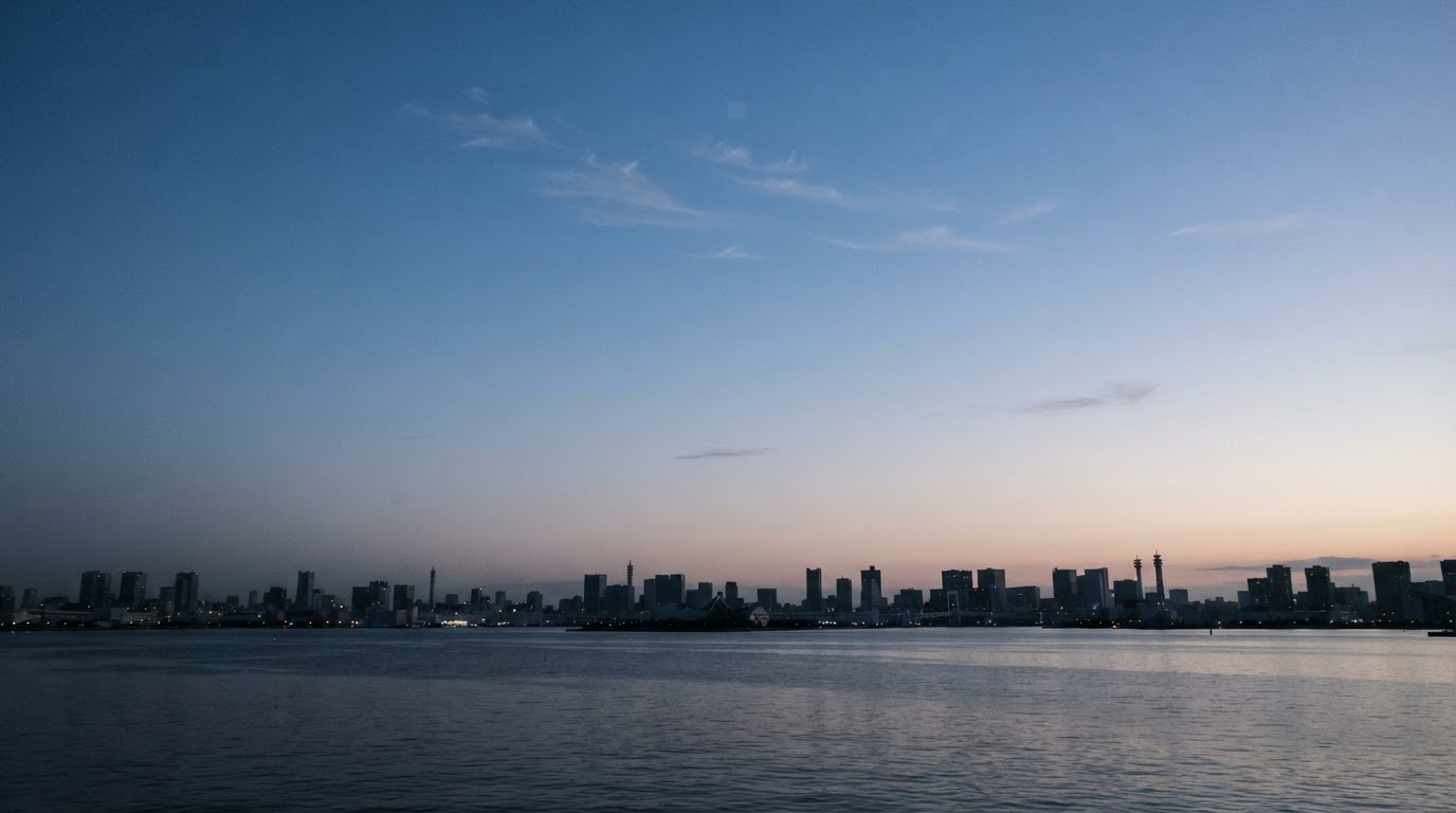 A clear morning sky, a few thin scraps of cloud scattered across it, the outline of the city faint below