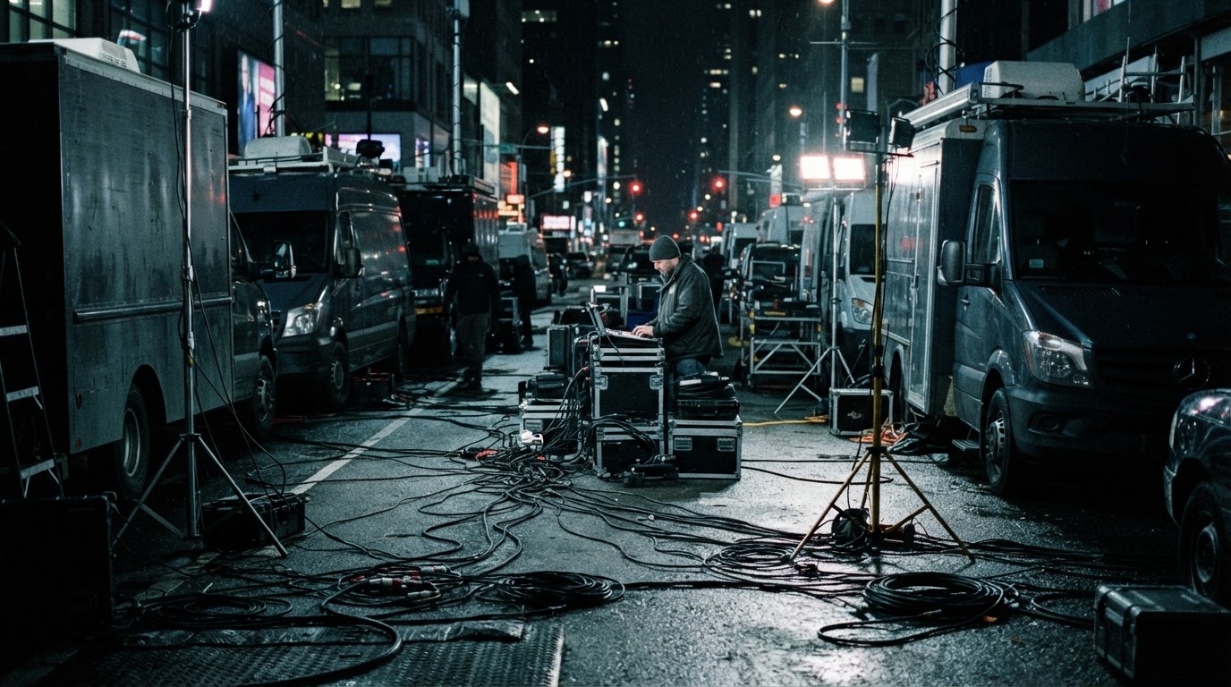 A night street tangled with broadcast vans and thick cables, floodlights washing the asphalt pale, no logos visible