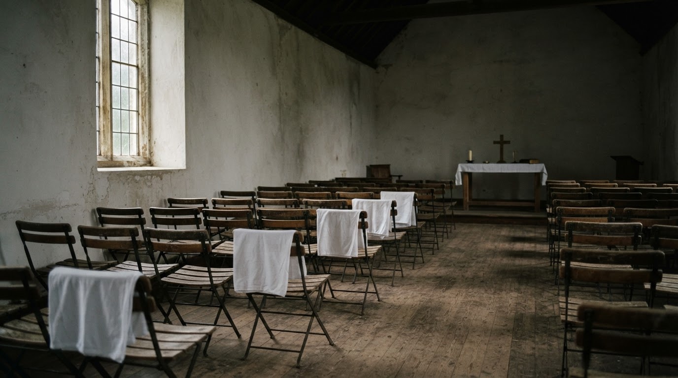 Rows of worn empty chairs in an anonymous chapel with white cloth draped over them, dim light through the windows