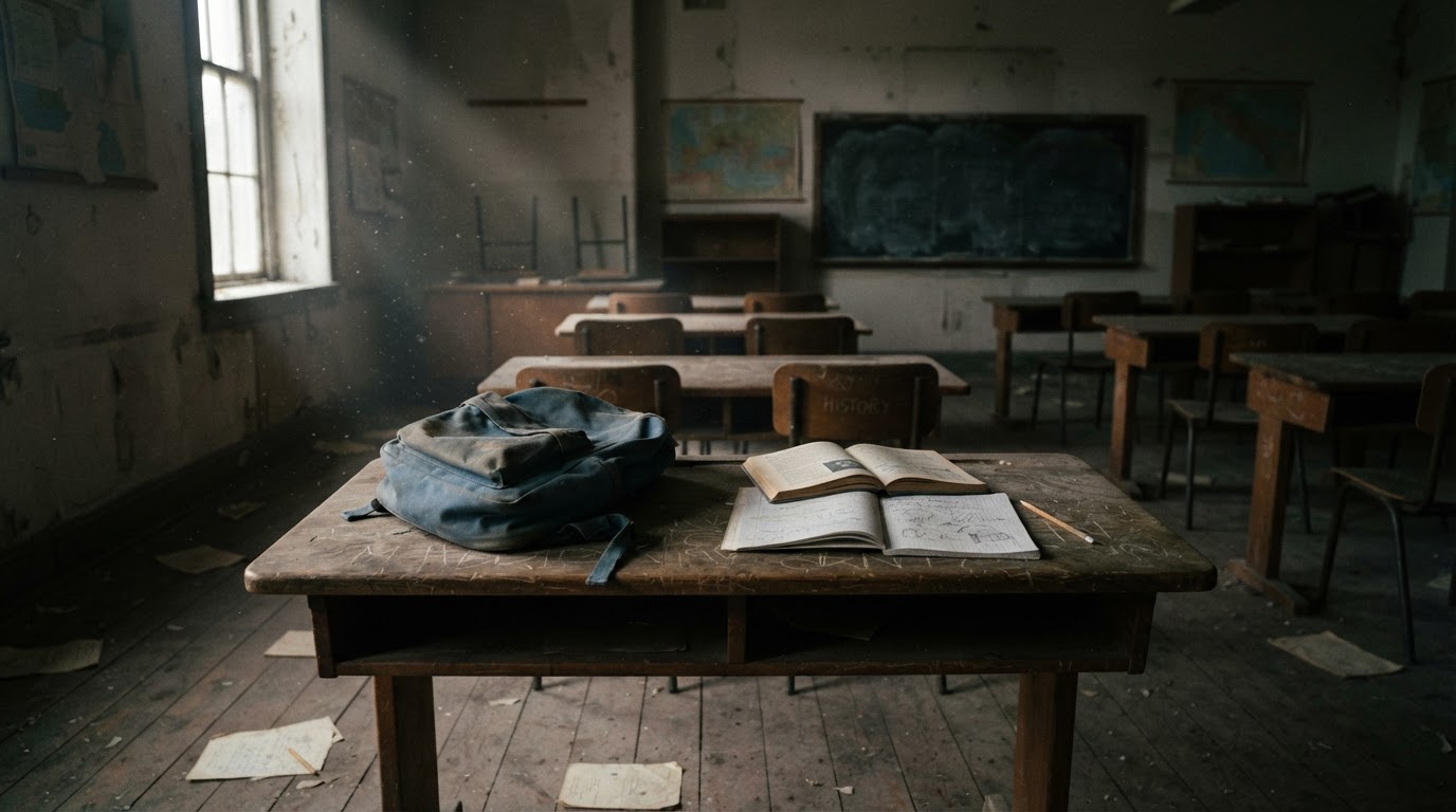 An old wooden classroom desk in an empty room, an abandoned bag and books left on it, dust floating in dim light