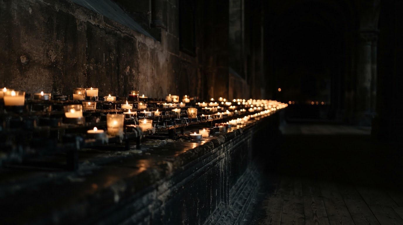 Rows of candles lit in a dark interior, casting faint light on nothing and no one