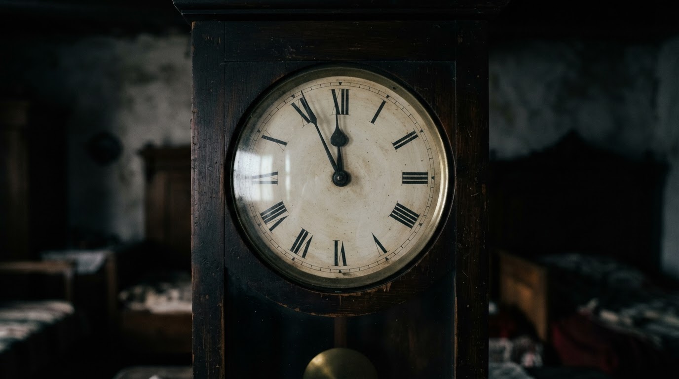Close-up of the face of an old pendulum clock, the hands just short of midnight, light glancing off the dark wooden case